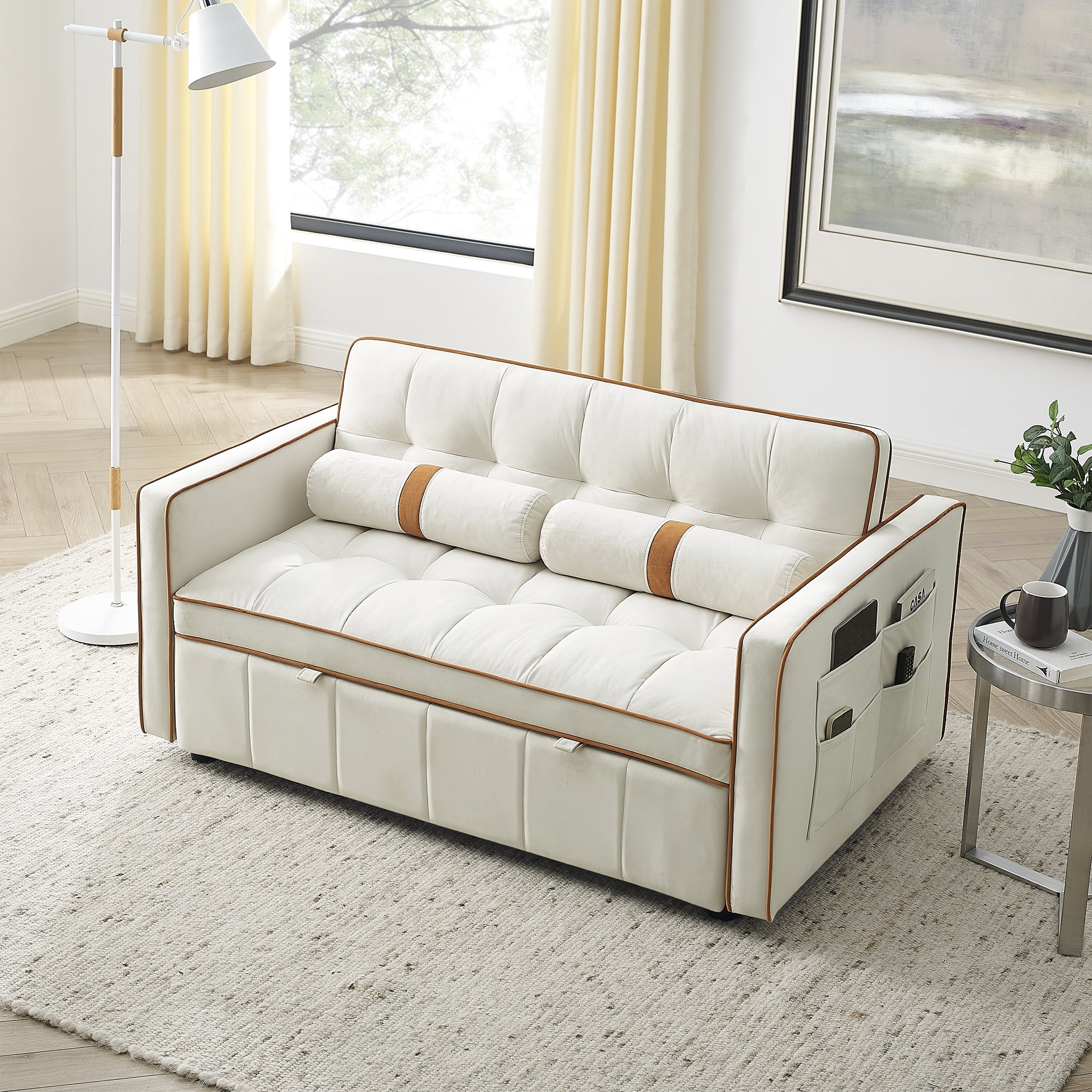 Muumblus 55" Pull Out Sofa Bed - Tufted Velvet Convertible Loveseat Sleeper Sofa Couch for Living Room, Beige