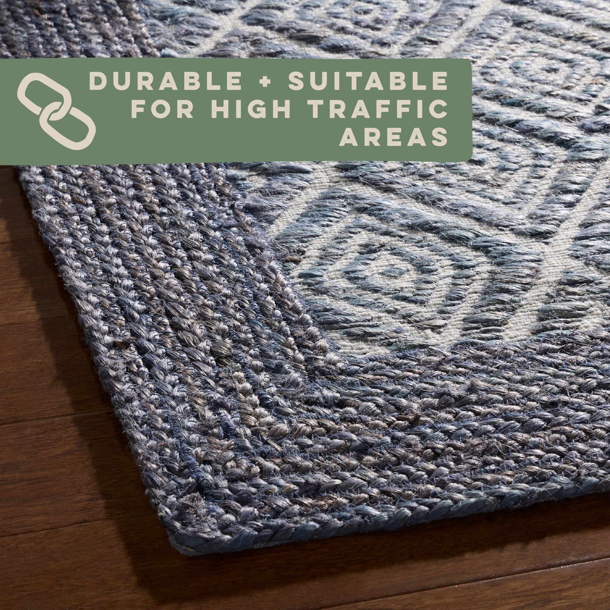 TOWN & COUNTRY TERRA Nalani Textured Diamond Hand-Knotted Flatwoven 100% Natural Jute Area Rug, Midnight Blue, 3'x5'