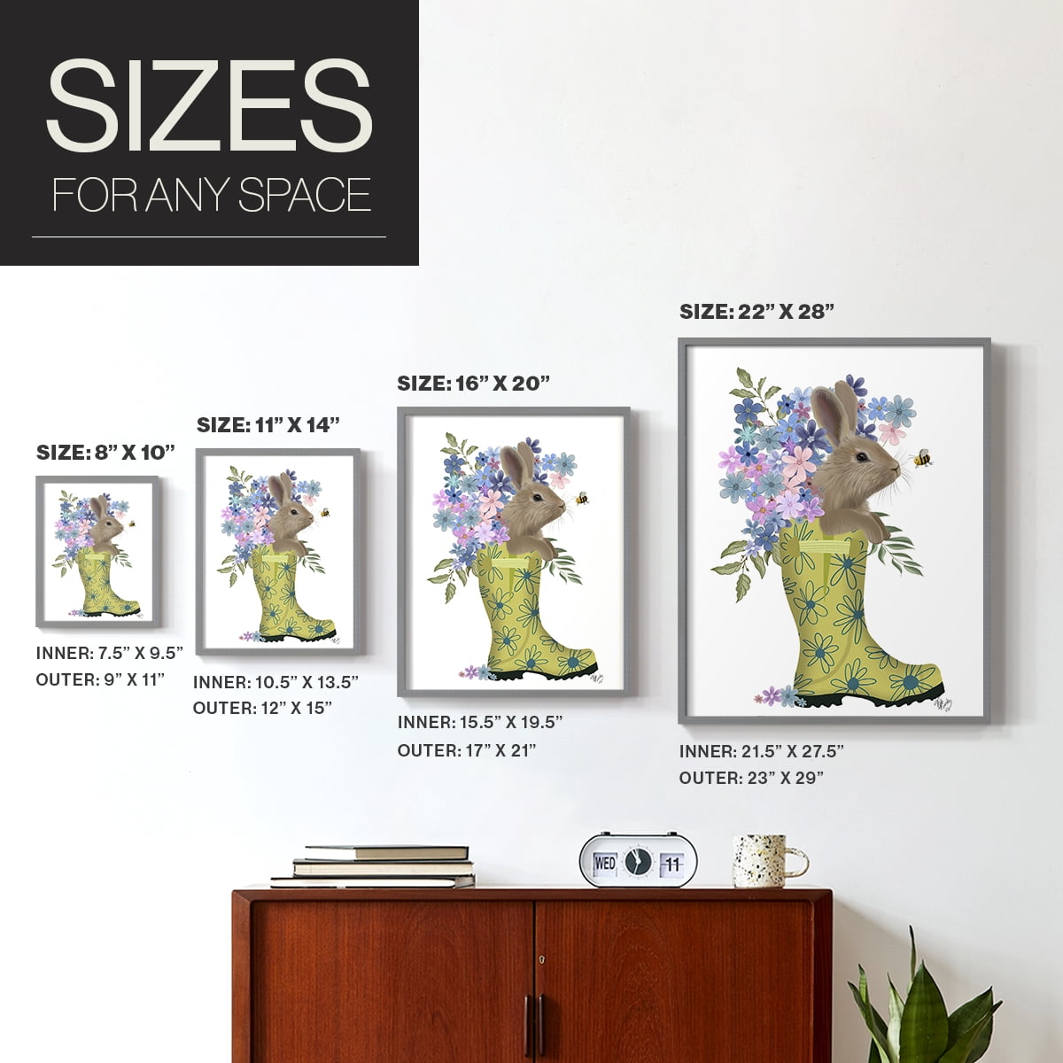 Welly Bunny And Bee Framed Print in Gray Solid Wood 8 x 10 Framed Print