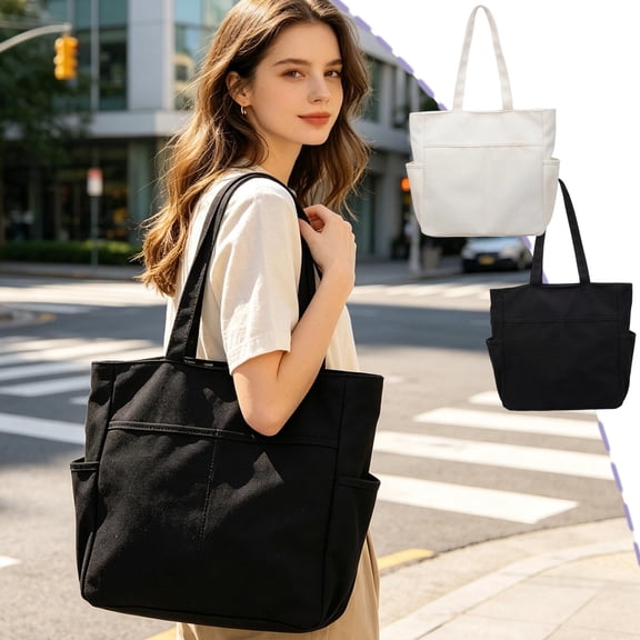 Large Canvas Tote Bag with Padded Shoulder Straps and Multi-Pocket Design for Work, School, and Travel