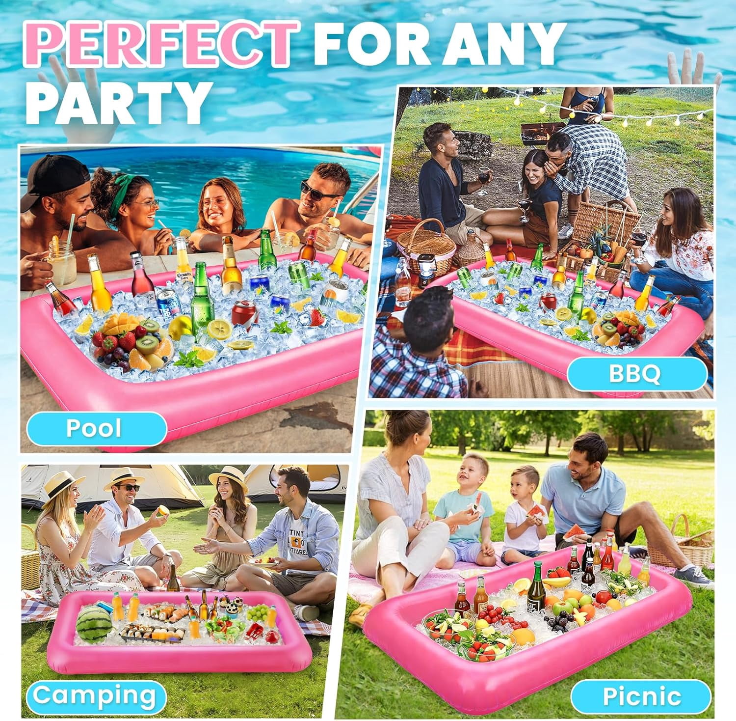 Large Inflatable Ice Serving Bar for Food, Drinks, Salad, Floating Buffet Cooler Tray with Drain Plug for Pool Party, BBQ, Picnic, Camping, Beach, and Outdoor Supplies Rose Pink