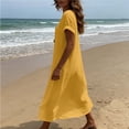 thumbnail image 5 of SAWOBUUN Women Linen Midi Dress Short Sleeve V Neck Loose Casual Tunic Dresses Summer Beach Vacation Daily Dress, 5 of 6