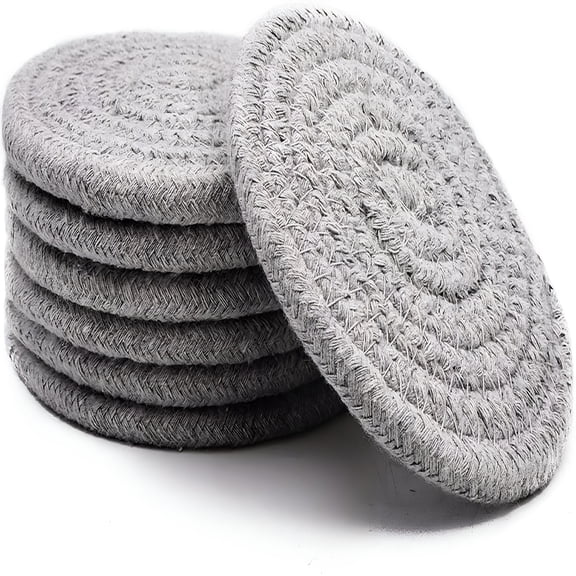 ACDANC Absorbent Drink Coasters Handmade Braided Drink Coasters 6 Pack (4.3",Round,8mm Thick) Super Absorbent Heat-Resistant Coasters for Drinks Great Housewarming Gift,Gray