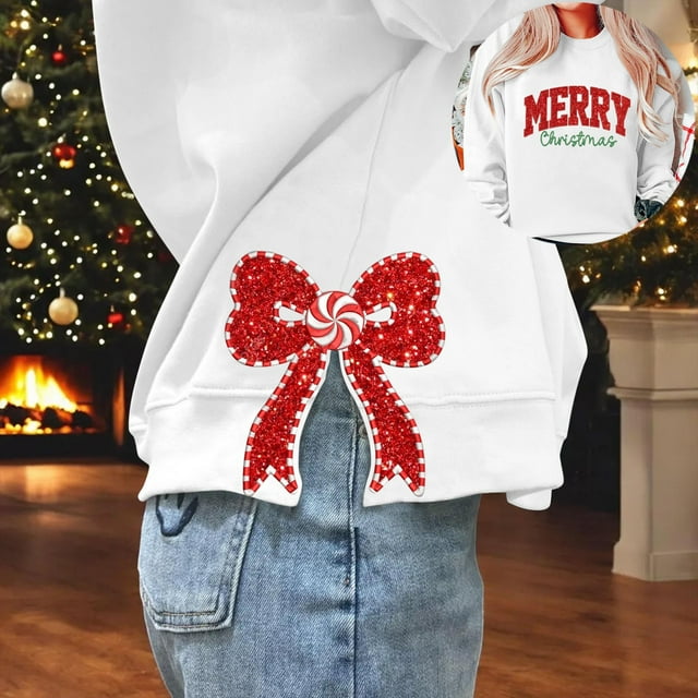 Chandails en Molleton de Noël pour Femmes avec Nœud Latéral Appliqué Chandail en Molleton Oversize Chandails en Molleton Col Rond Manches Longues Chandail Top Chandail en Molleton Sans Capuche pour Femmes