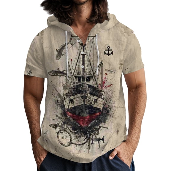 Linen Shirts Hoodie for Men Short Sleeve Beach Lightweight Graphic Shirt Hooded Sweatshirts Summer