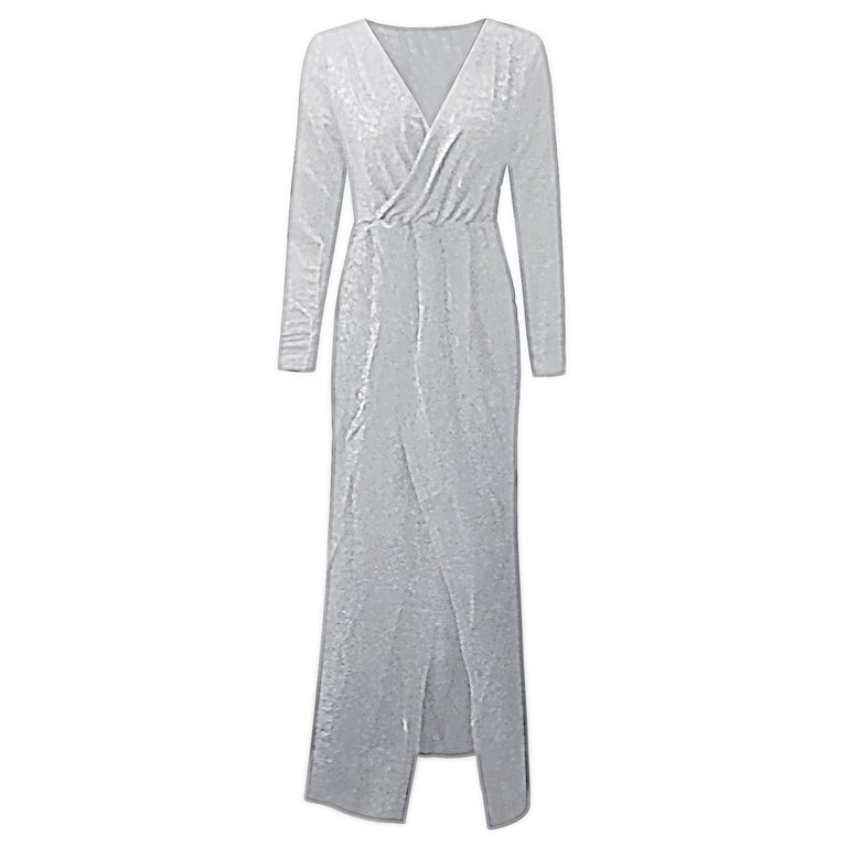 Womens sequin dress,White sequin formal dress,Long formal dresses Women'S  Formal Dresses Women's Sequin Long Sleeve V Neck Long Nightclub Style Slim  Sling Dress With Slit White - Walmart.com