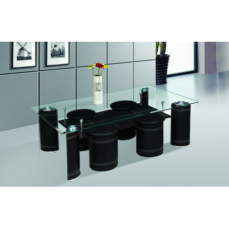 Best Quality Furniture Coffee Table w Clear Glass Top and Black Faux Leather includes 4 Stools