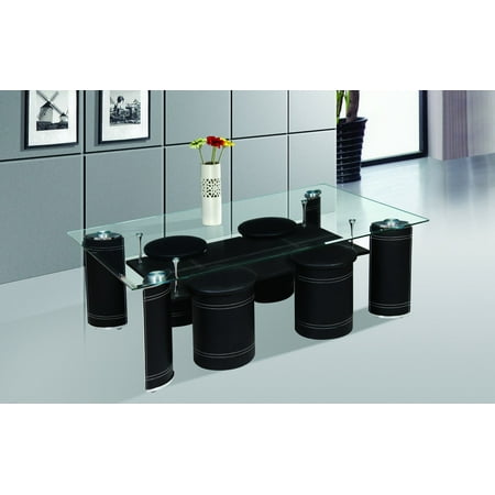 Best Quality Furniture Coffee Table w Clear Glass Top and Black Faux Leather includes 4 Stools (Best Quality Furniture Milwaukee)