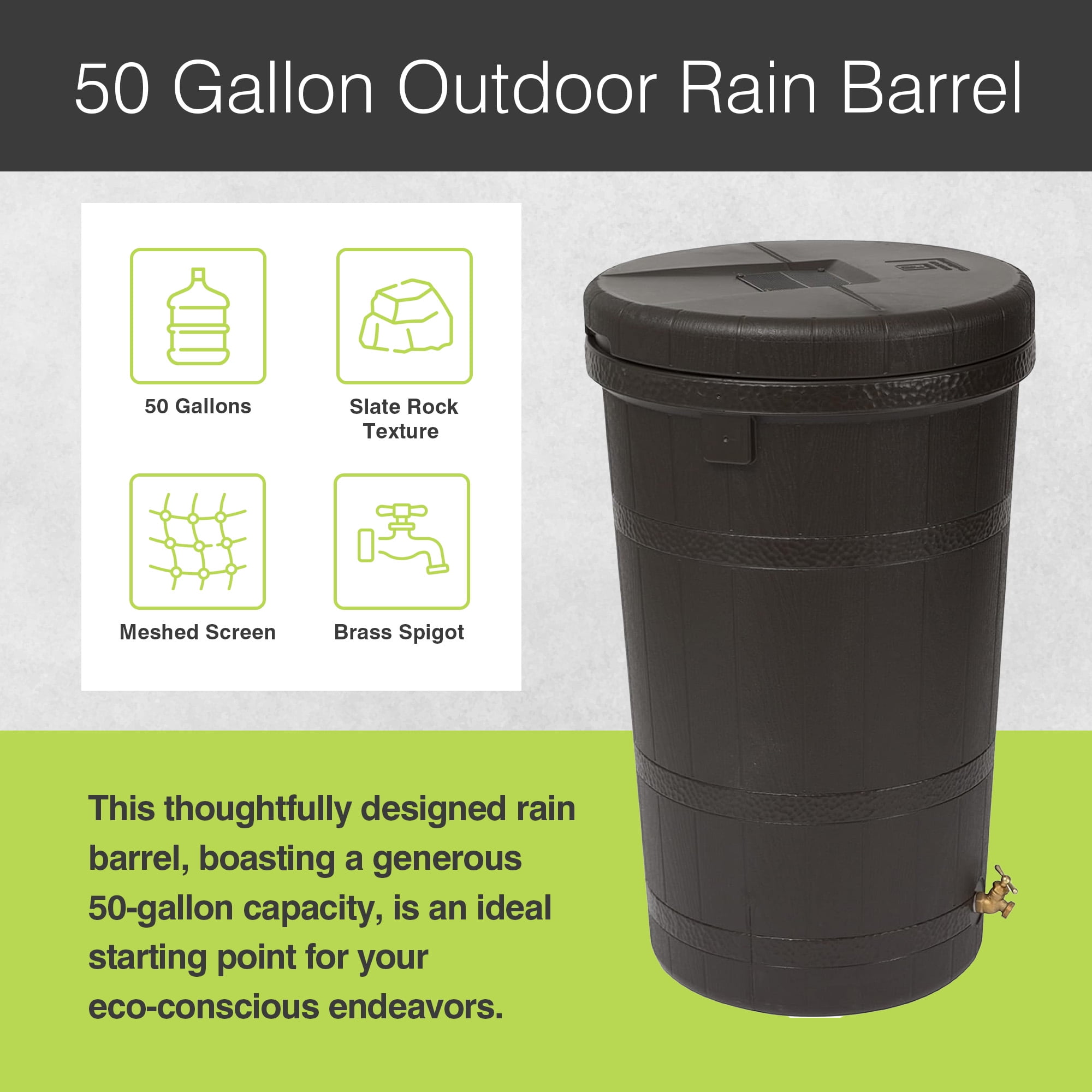 Good Ideas Aspen ECO 50 Gallon Rain Barrel Rain Collector Saver w/ Brass Spigot