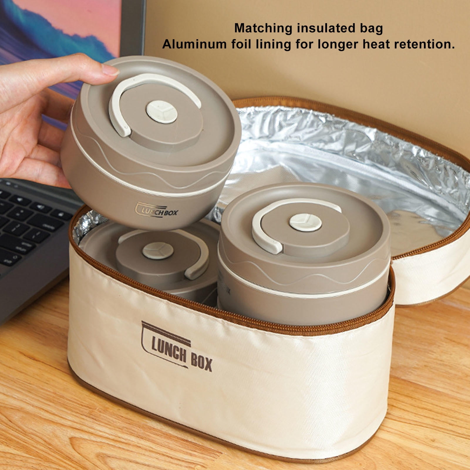 Rupoun 304 Stainless Steel Insulated Lunch Box with Sealed Lid & Thermal Bag – Dual Pack, Round, Lightweight, Heat‑Retaining Bento