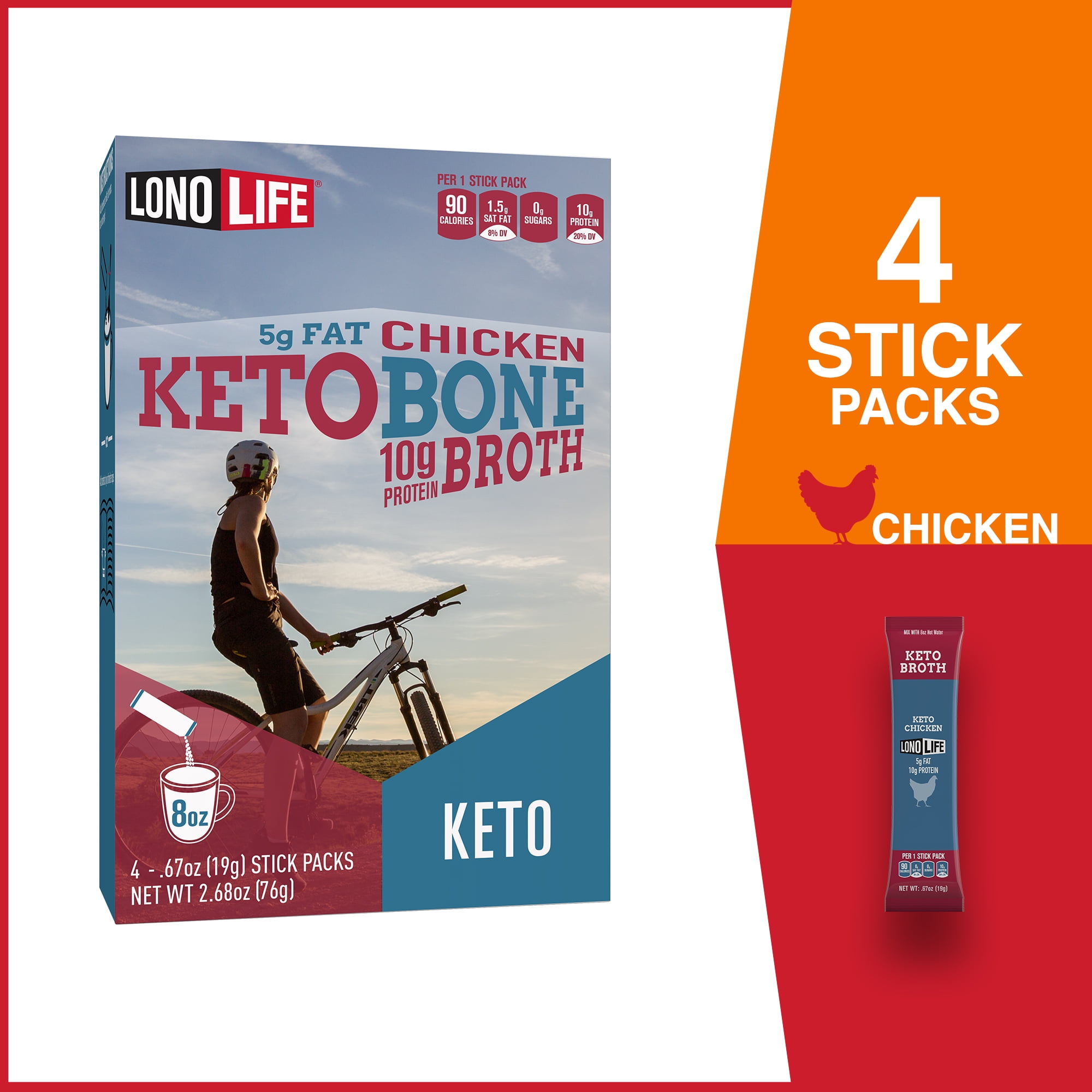 LonoLife Keto Chicken Bone Broth, 5g Fat, 10g Protein, Paleo and Keto Friendly, Stick Packs, 4 Count