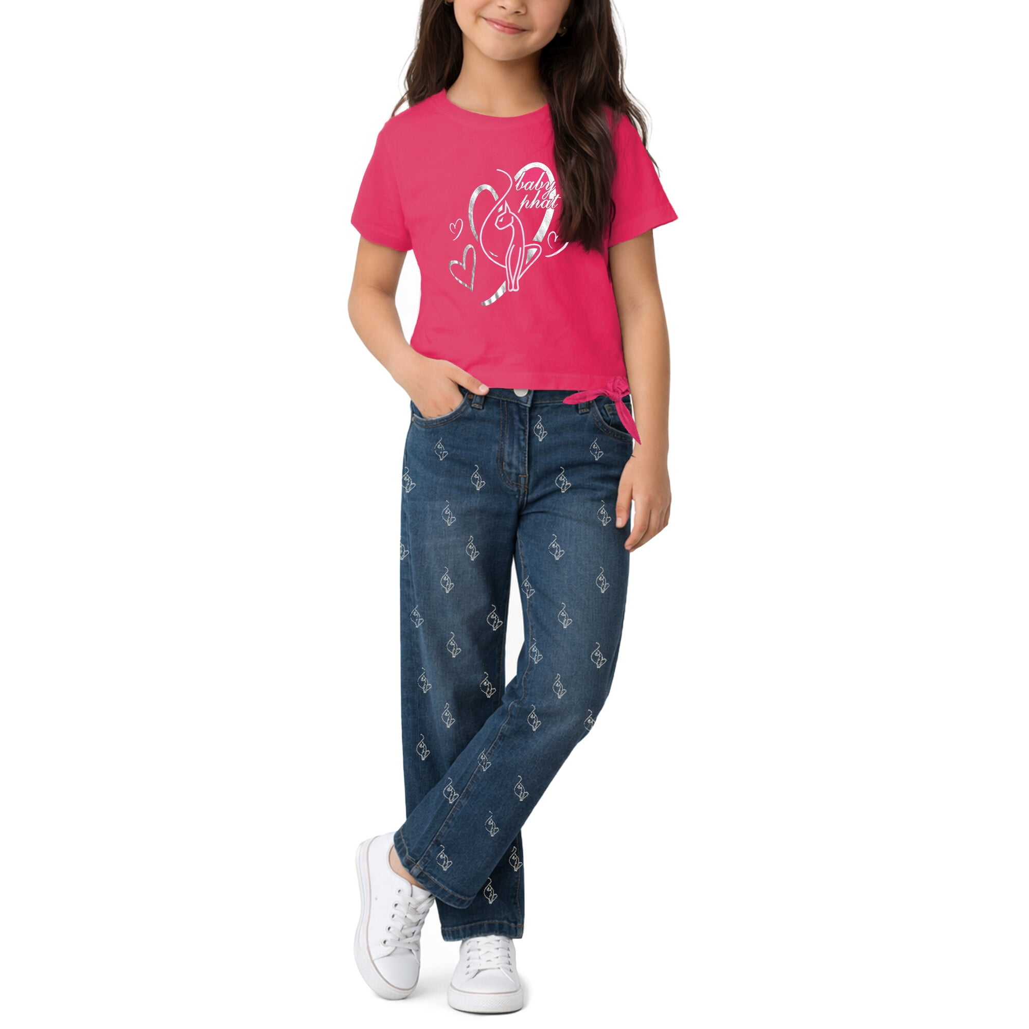 Baby Phat Girls Denim Pants Set Soft Crewneck Girls Shirts and Wide Leg Denim Jeans Set 2 Piece