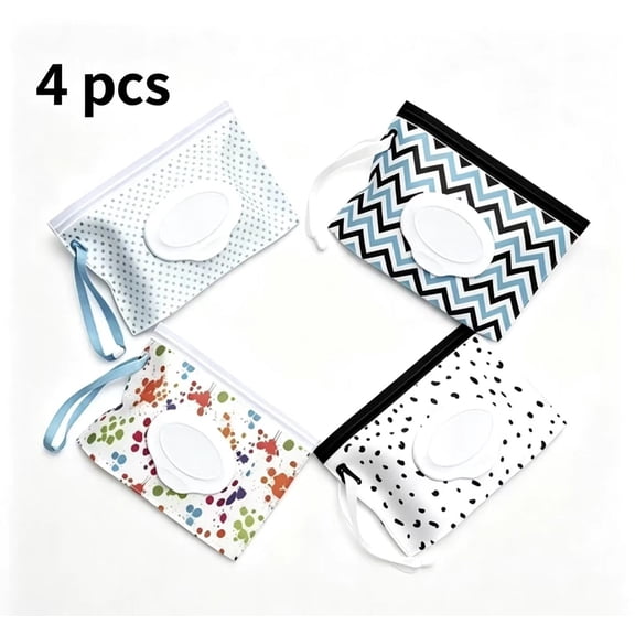 Vruelia 4Pcs Baby Wet Wipe Pouch, Portable Baby Wipes Case, Reusable Refillable Travel Wet Wipe Holder Bag