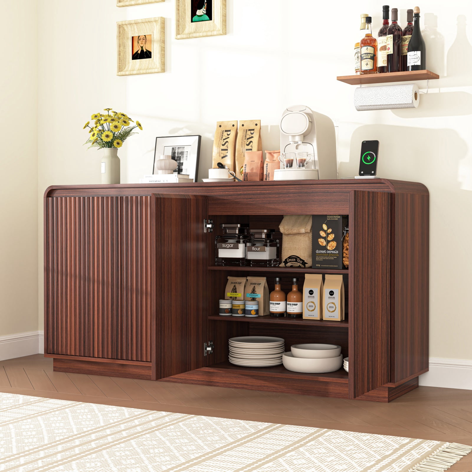 Hommoo Wooden Fluted Sideboard Buffet Cabinet with 4 Doors, Adjustable Shelves & Power Outlet, Multifunctional 3-Tier Storage Cabinet Credenza for Home, Office, Walnut
