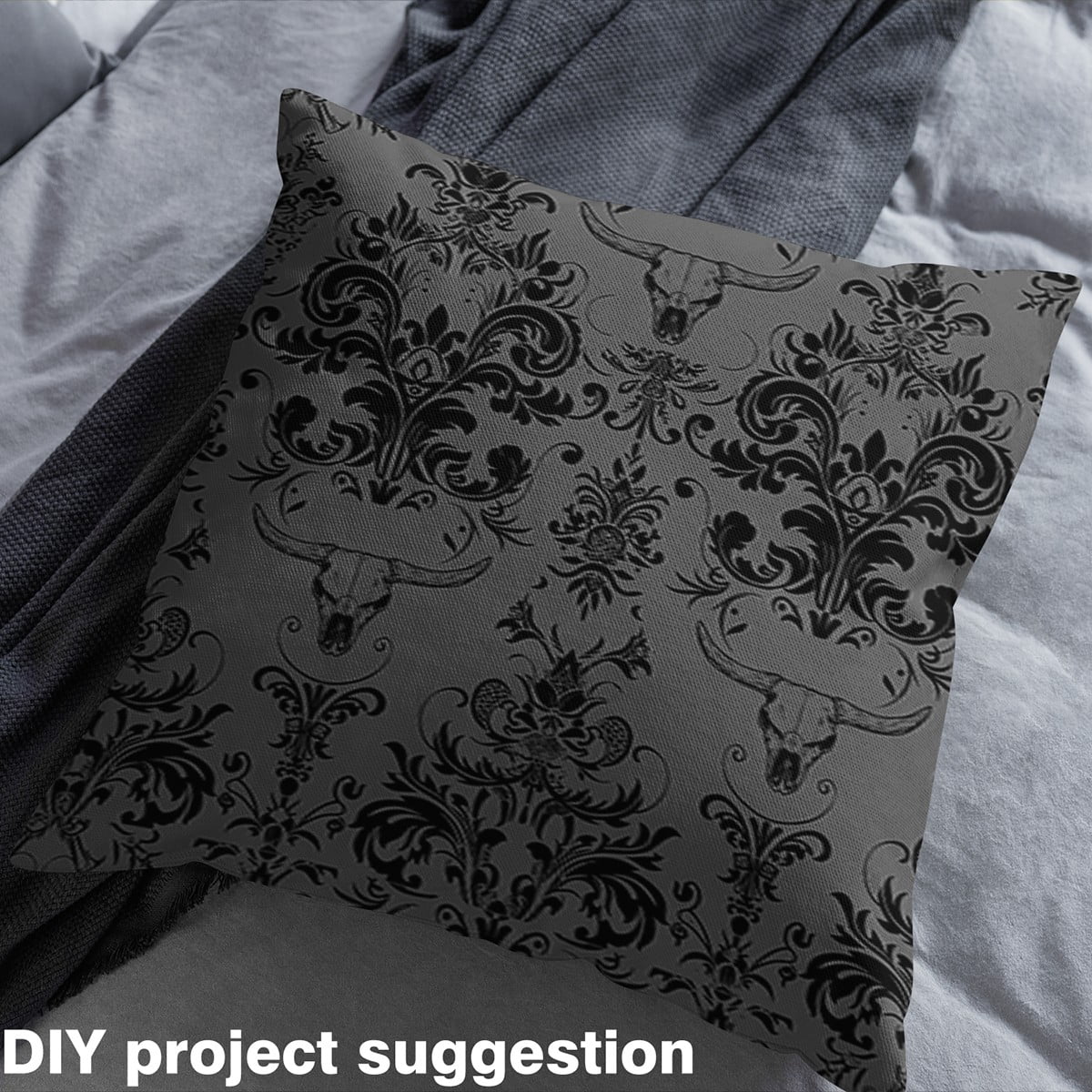 jejeloiu Gray Damask Fabric by the Yard 10 Yards,Gothic Flower Room Decor Fabric by the Yard,Farm Bull Skull Sewing Fabric,Breathable Bedroom Decorative