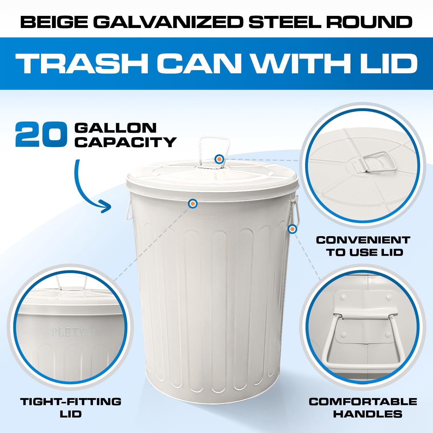 Plexon Large Metal Trash Can with Lid 20 Gallon, Decorative Outdoor Trash Can, Heavy Duty Galvanized Metal Bucket with Lid for Kitchen Garage Farmhouse, Beige