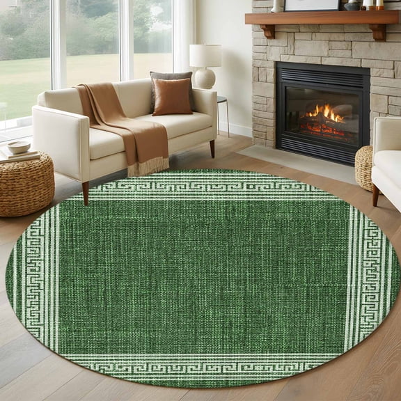 Round Area Rug 6 Ft, Green Retro Greek Key Washable Non-Slip Circle Carpet for Living Room/Bedroom, Geometric Greece Ancient Rustic Low-Profile Indoor Mats Collection Rugs for Residential