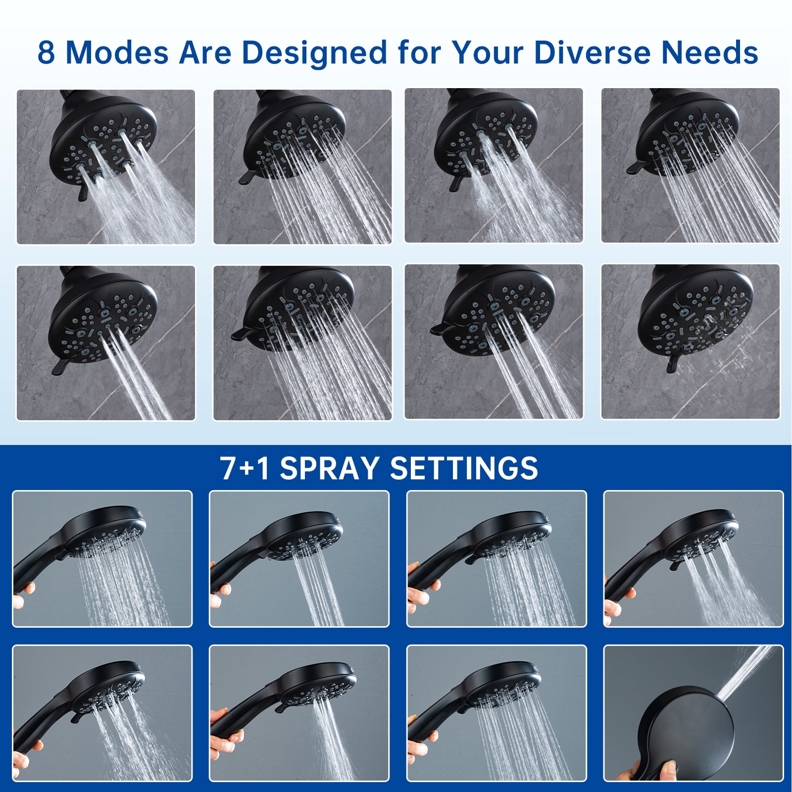 Joyrain Multi-angle adjustable showerhead& Handheld High-pressure 8 Spray Modes Shower Head, Rain Shower Combination with Multifunctional Adjustable Extension Arm