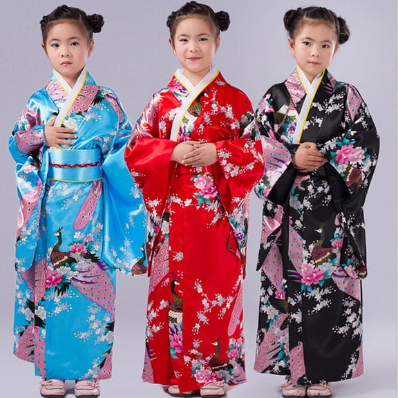Girl Dresses Traditional Japanese Kimono Outfits Floral Long Robe Dresses Waistband Backrest Girls Dress Black 4-5 Years