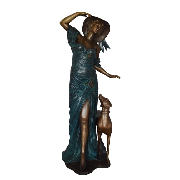 Lady With Her Dog Bronze Statue -  Size: 25"L x 22"W x 50"H.