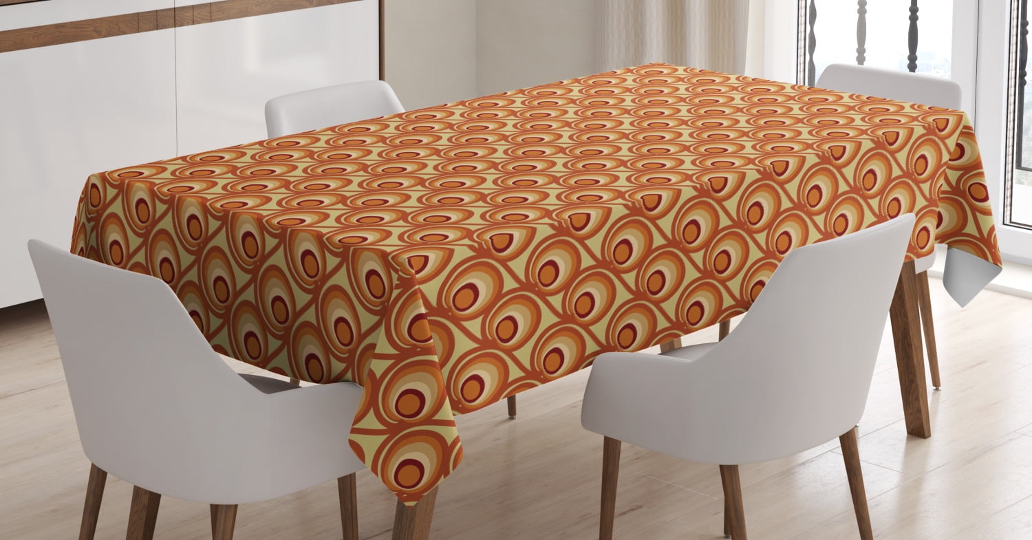 Burnt Orange Tablecloth, Retro Design Inspirations with Doodle Style Circles and Stripes Swirled