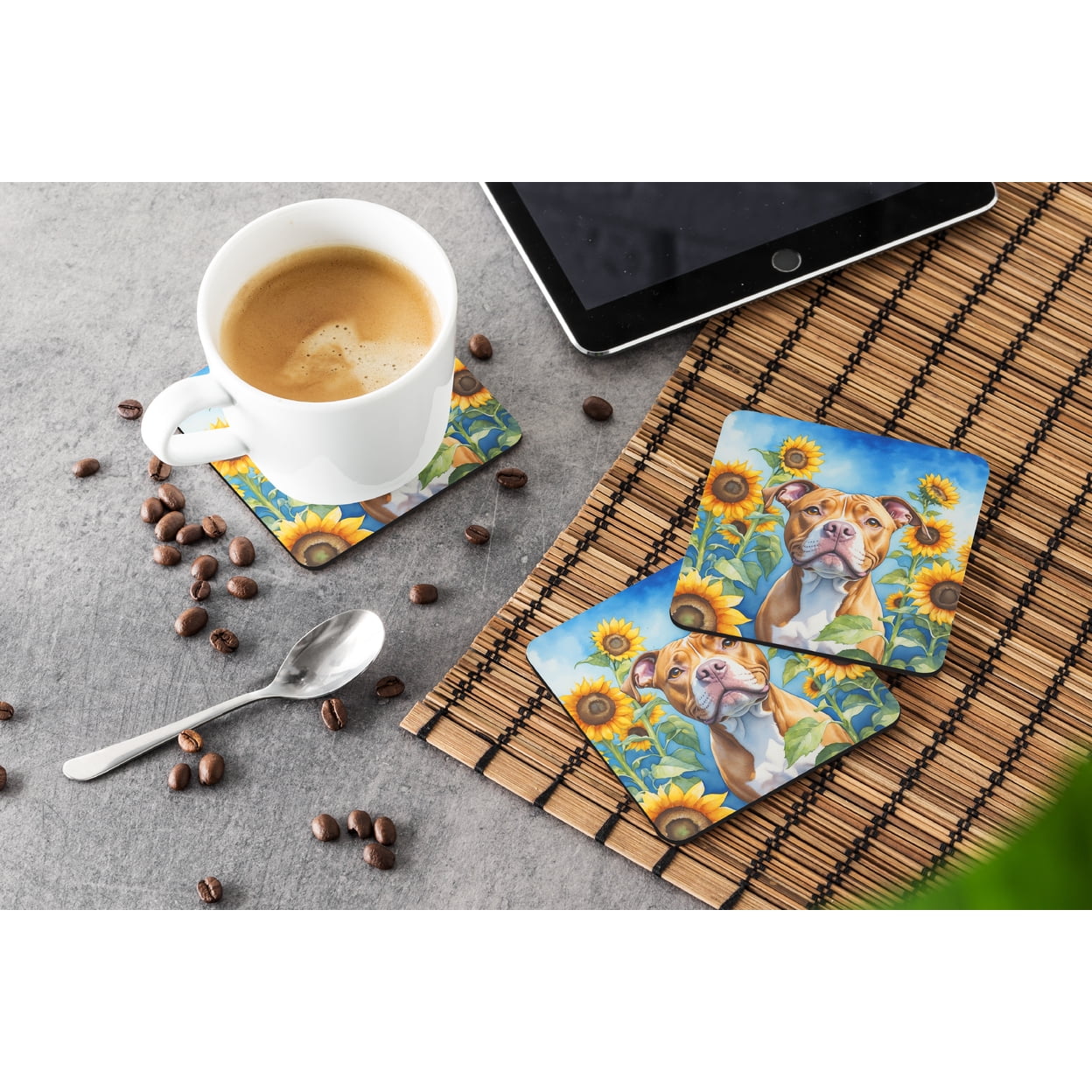 Pit Bull Terrier in Sunflowers Foam Coasters 3.5 in x 3.5 in