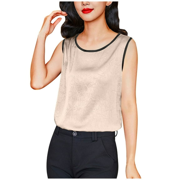 Wyobmus Womens Satin Tank Tops Soft Ice Silk Chiffon Blouse Crew Neck Sleeveless Camisole Shirt Contrast Trim Basic Summer Shirt M-4X Beige