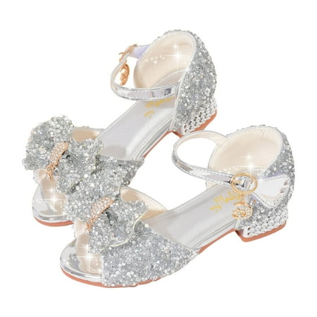 Gvdentm Toddler Girls Dress Shoes Open Front Bow Sequins Sandals for Girls Kids Princess Wedding Formal Ankle High Heel Shoes Girls Dress Shoes Size 1 (1 Silver)