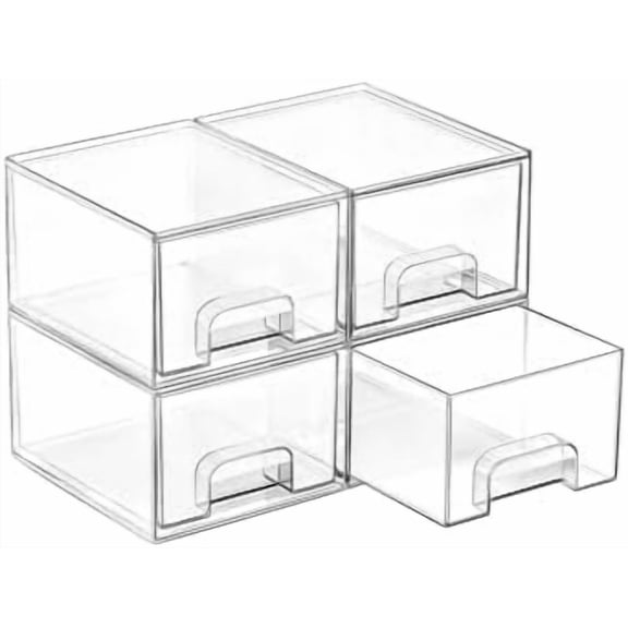 4 Pack Small Clear Stackable Storage Drawers,Acrylic Bathroom Makeup Organizer,Plastic Storage Bins For Vanity, Undersink, Kitchen Cabinets, Pantry, Home Organization