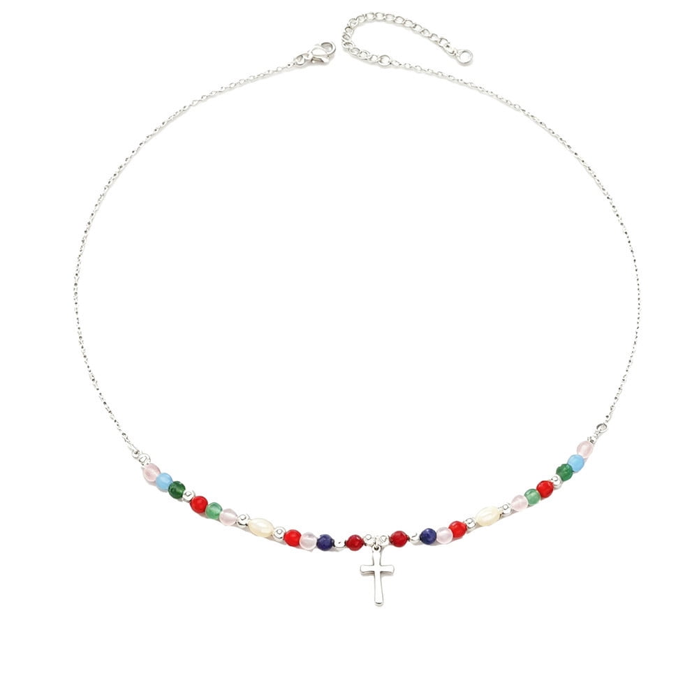 PAURO Cross Necklace for Women Dainty Pendant Colorful Beads Stainless Steel Silver Gold Plated Personalized Boho Religious Faith Gifts Spiritual Jewelry Silver