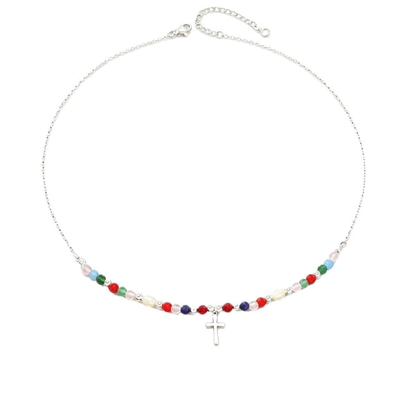 PAURO Cross Necklace for Women Dainty Pendant Colorful Beads Stainless Steel Silver Gold Plated Personalized Boho Religious Faith Gifts Spiritual Jewelry Silver