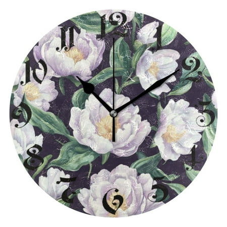 DEIARA Purple Peony Burgundy Butterfly Wall Clock 10in Silent Mechanism Battery Operated Retro Style for Living Room Bedroom and Kitchen Black Pointer
