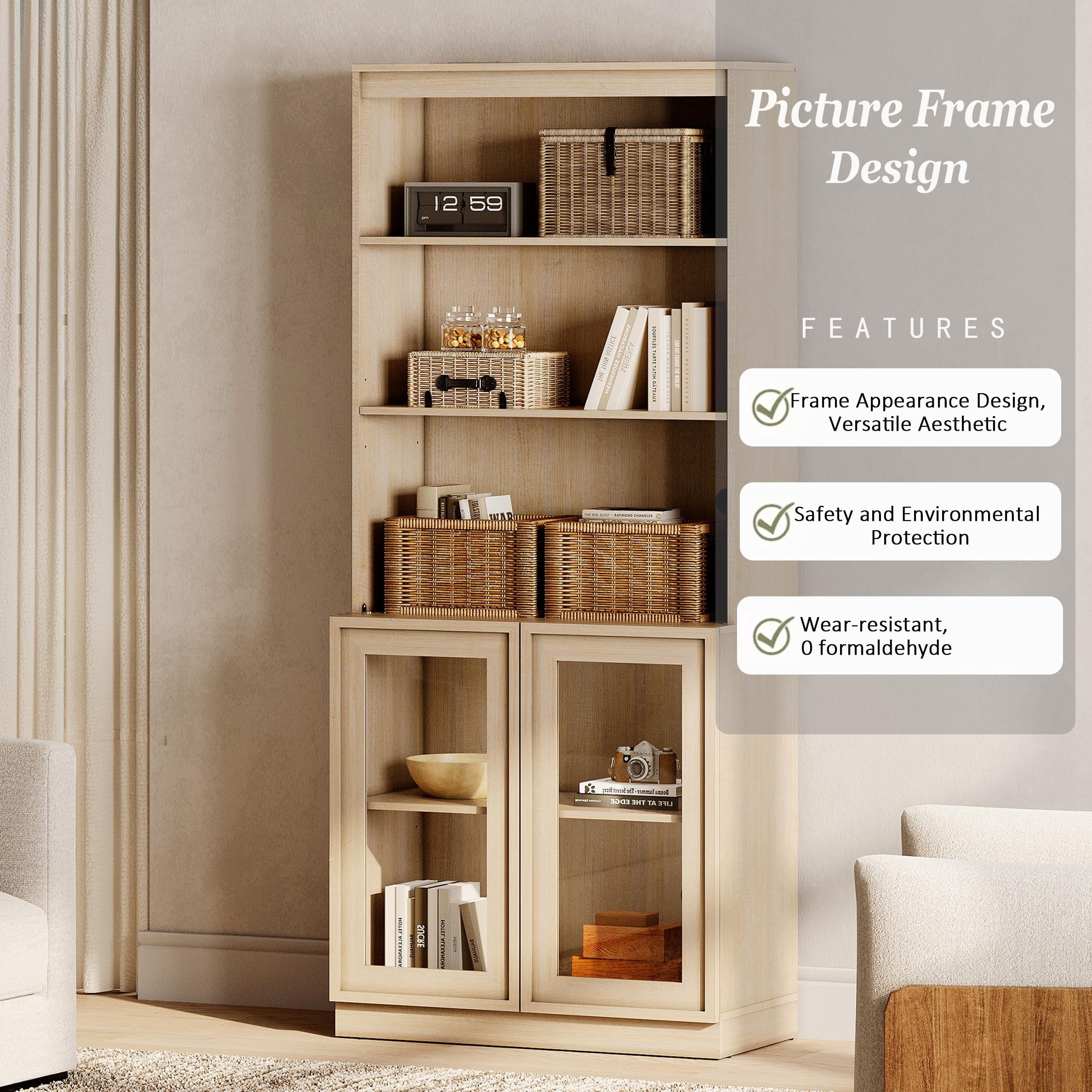 Modern 72" Tall Sideboard Buffet Cabinet, Glass Door Storage Cabinet with Adjustable Shelves, Open & Closed Layered Wood Console Cabinet for Dining Room Living Room Entryway,Beige