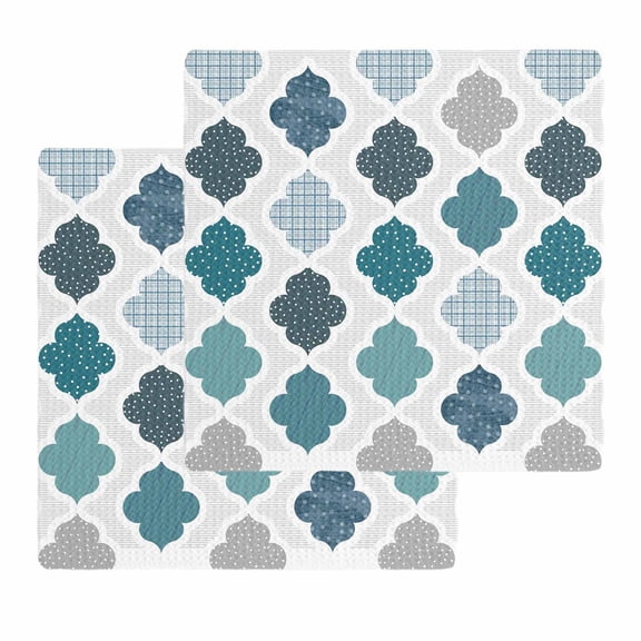 Bohemia Kitchen Dish Towels for Drying Dishes Set of 2, Vintage Moroccan Geometric Pattern Blue Green Gray Waffle Weave Microfiber Hand Tea Bathroom Towels Quick Dry & Absorbent Towel 12x12