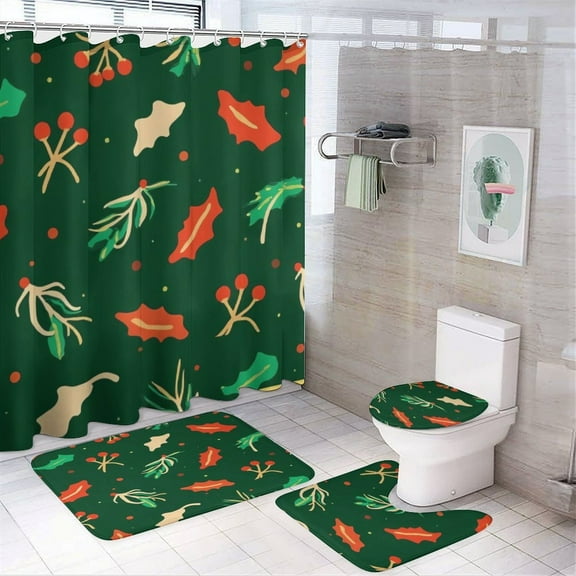 Christmas Holly And Berries Pattern Shower Curtain Waterproof Bathroom Curtain Set with Hooks Home Decor Bathroom Curtains 4pcs