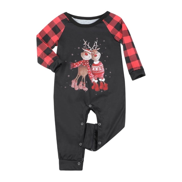 Combinaison Quotidienne à Carreaux à Taille Élastique Imprimée en Wapiti avec Col Rond et Pyjama Familial de 2 Pièces