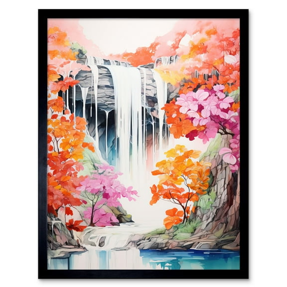 Cascading Waterfall in Orange Pink Tree Lush Forest Vibrant Watercolour Painting Art Print Framed Poster Wall Decor 12x16 inch