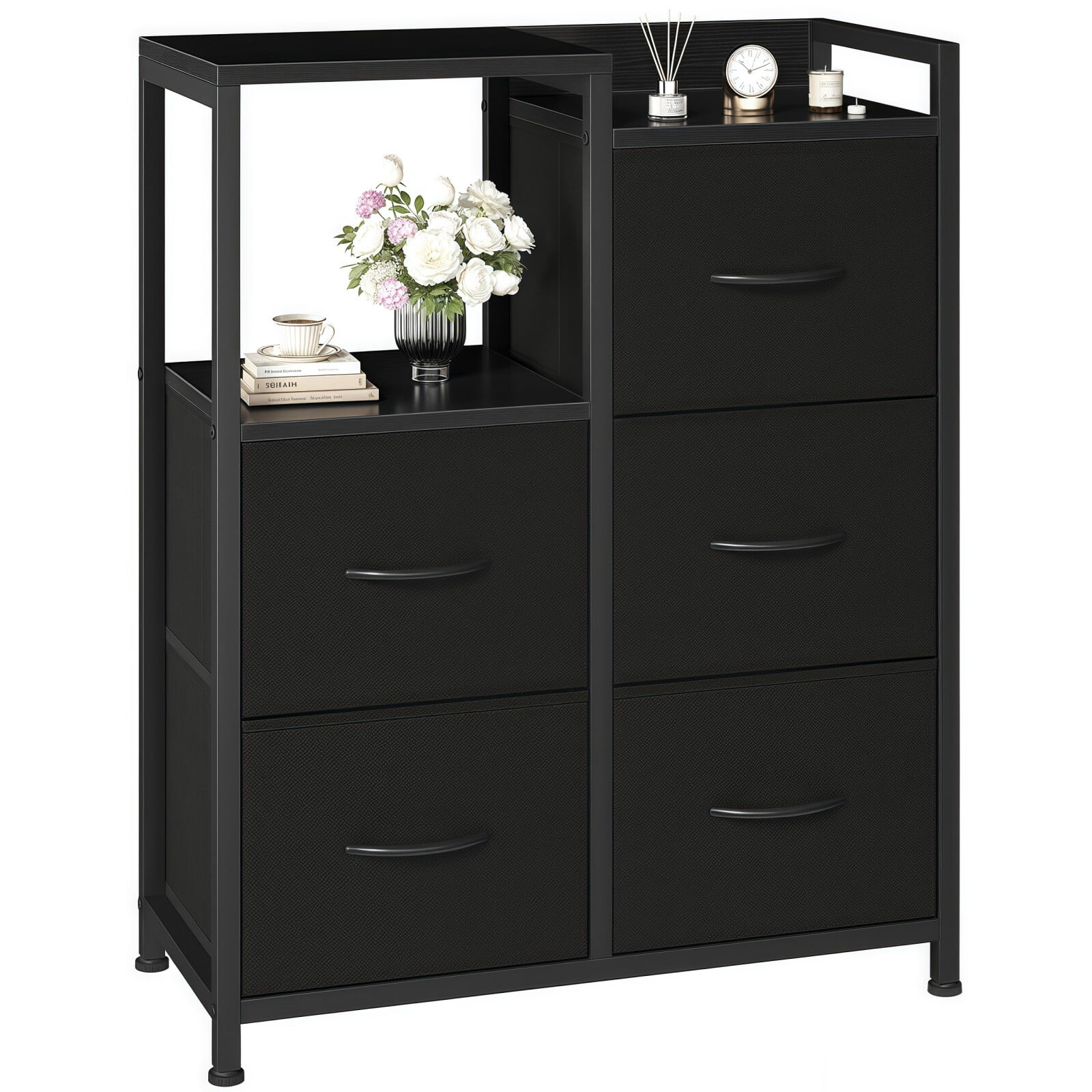 BEAUTYPEAK 5 Drawer Fabric Dresser Storage Chest with 2 Tier Open Shelf Wooden Top, Black