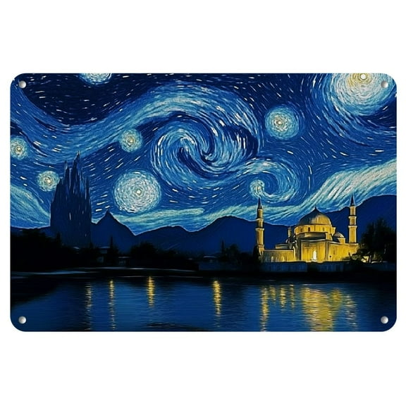 Van Gogh Starry Night Inspired Metal Tin Sign - 8x12" Rustic Iron Wall Art, Weather-Resistant Vintage Decor for Home, Garden, Bar & Living Room