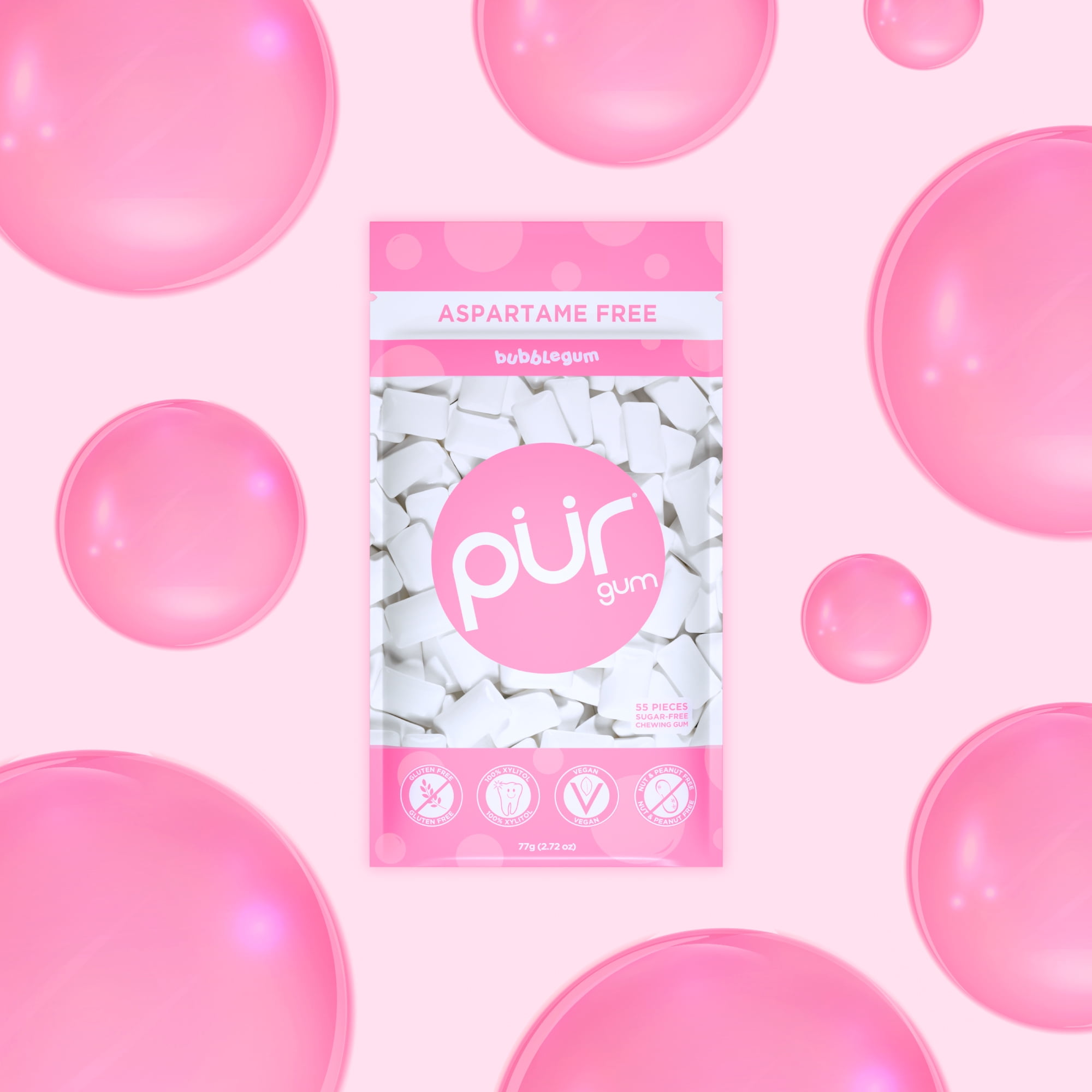 PUR Gum, Aspartame Free, Sugar Free & 100% Xylitol, Bubblegum Chewing Gum, 55 Pieces, Pack of 12