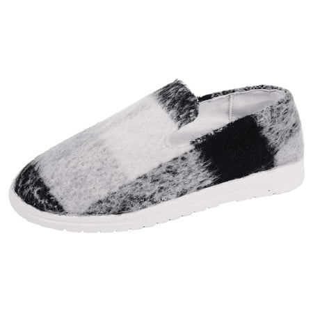 QYZEU Womens Casual Shoes Sandals for Women Ladies Four Seasons Vintage Flat Casual Plaid Plush Large Size Round Head Single Shoe Casual Light Walking Shoes Black 39