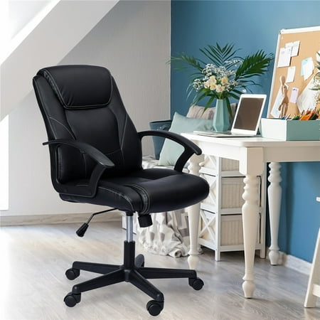 Mid-back Ergonomic Office Chair, Modern Black Leather Computer Desk Chair...