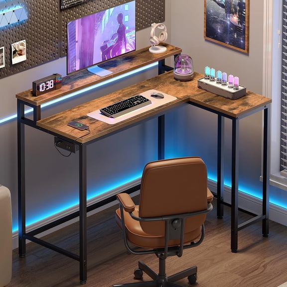 Rustic L-Shaped Computer Desk with Monitor Stand and Power Outlet for