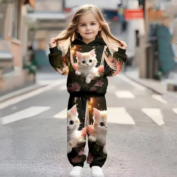 LIIPEE Autumn Winter Outfit Sets For Girls Cartoon Graphic Long Sleeve Pullover Hoodies And Sweatpants 2 Piece Set Kids Casual Comfortable Cute Outfits,3-4 Years