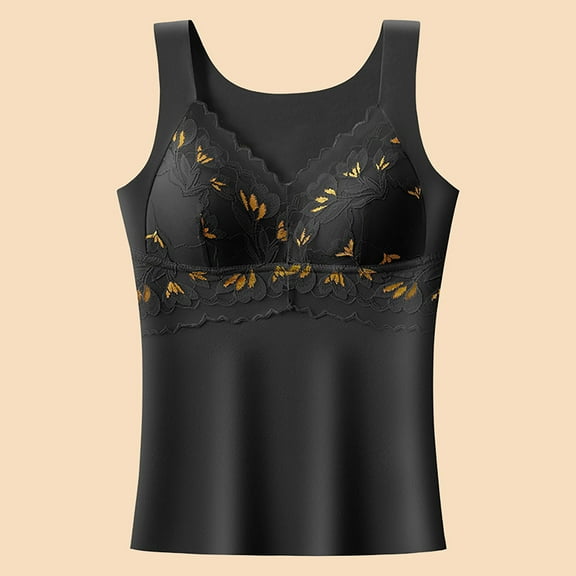 Black Camisoles & Tanks Bra Thermal Underwear for Women High Stretch Fleece Lined Tops with Bra Padded Warm Tank Tops