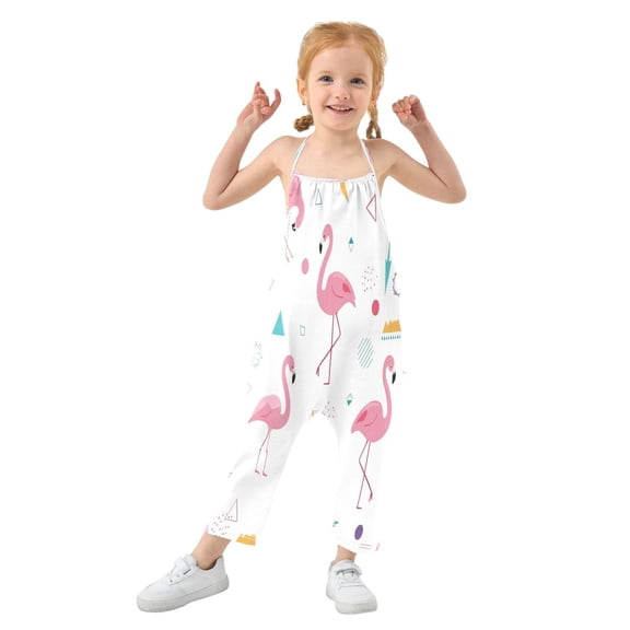 Girls' Jumpsuits Rompers Summer Casual Sleeveless Rompers With Pockets Spaghetti Strap Romper Cute Flamingo Pattern 1T
