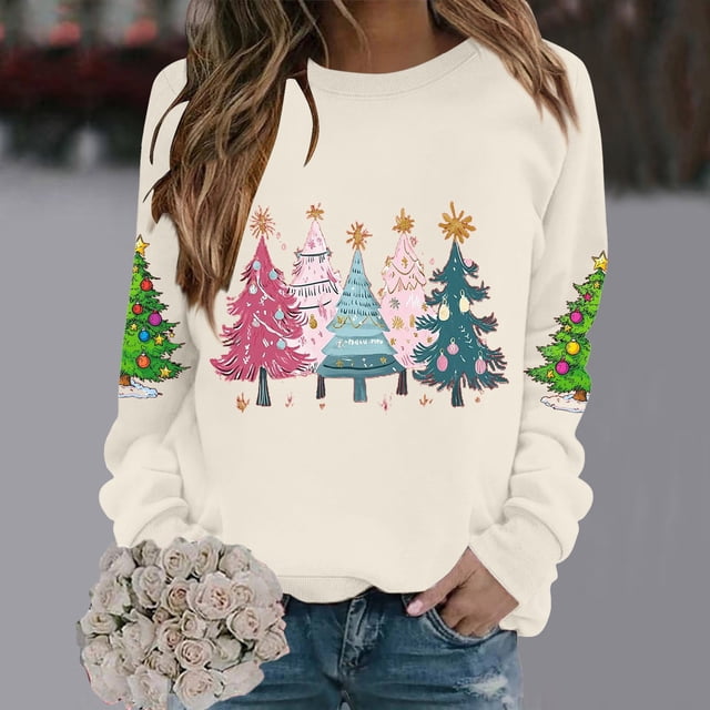 Chandail de Noël pour Femmes, Chandail à Capuche Imprimé de Noël, Col Rond, Manches Longues, Beige m