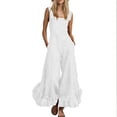thumbnail image 3 of Women's 100% Cotton Wide Leg Jumpsuit with Pockets, Sleeveless Crew Neck Ruffle Hem, Mid Elastic Waist, Casual Lounge Summer | VerBelle,White M, 3 of 7