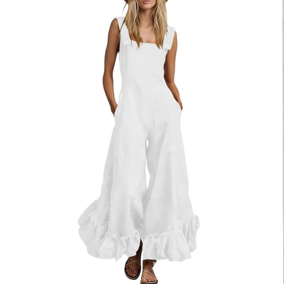 Cmfcve Women's Cotton Blend Jumpsuits Casual Dressy Ruffled Wide Leg Pants Summer Solid Color Fashion Overalls with Pockets