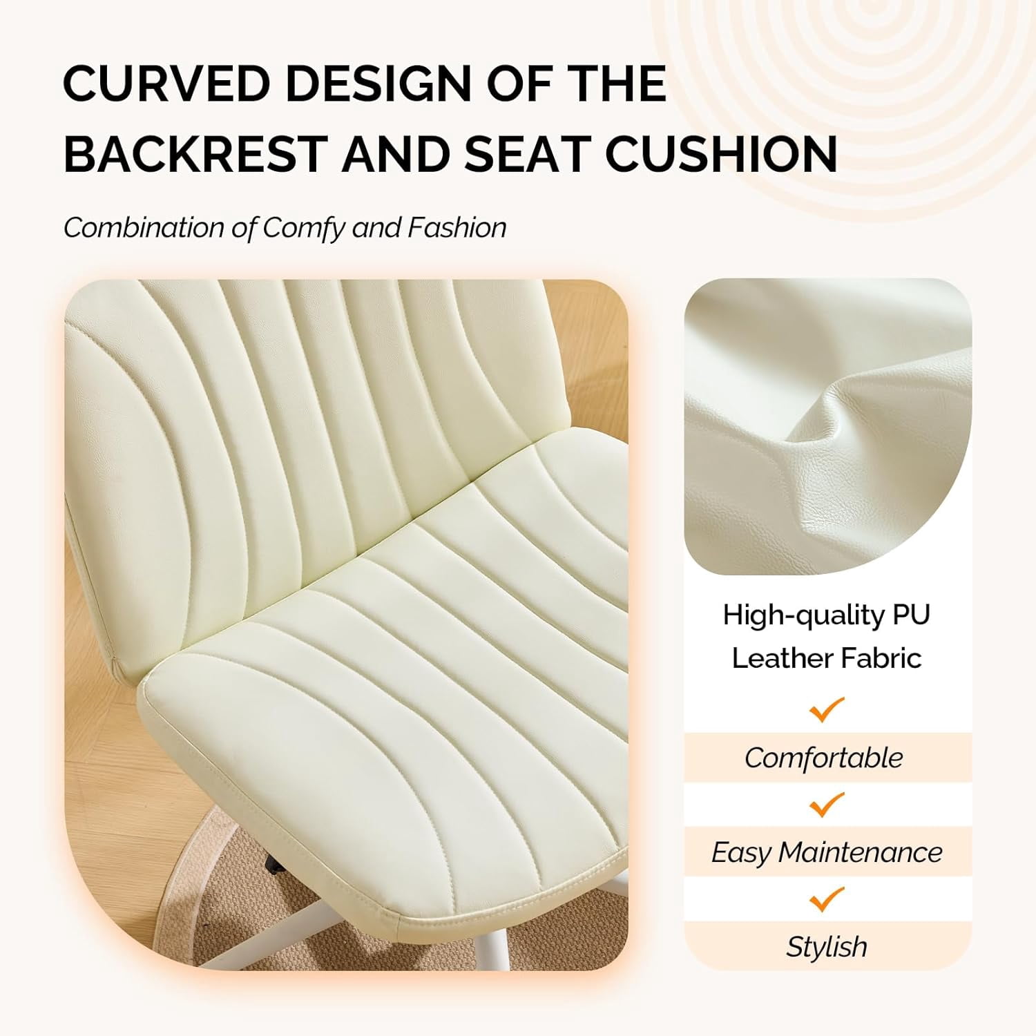 JOYMOR Modern Vanity Chair Dual-Use with/no Wheels, Armless Criss Cross Legged Chair, Swivel Wide Comfy Office Desk Chair, Computer Chair